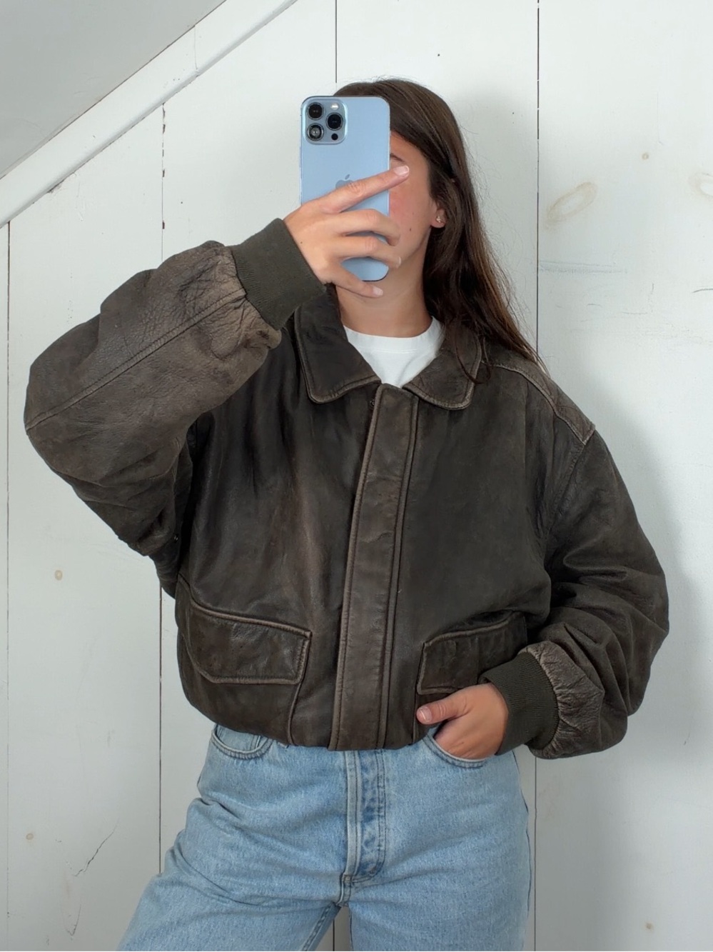 Vintage Brown Leather Flight Bomber Jacket Men’s XL Knit Cuffs Waistband Patina